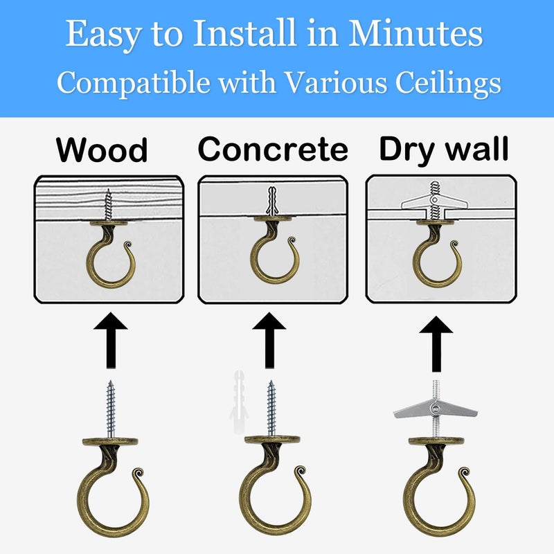 Evsteluo 2 Inch Heavy Duty Ceiling Hook – Easy Installation Zinc Alloy Hooks for Hanging Plants & Light Fixtures, Works on Wood, Concrete & Drywall (2 Sets, Antique Brass) - Image 3